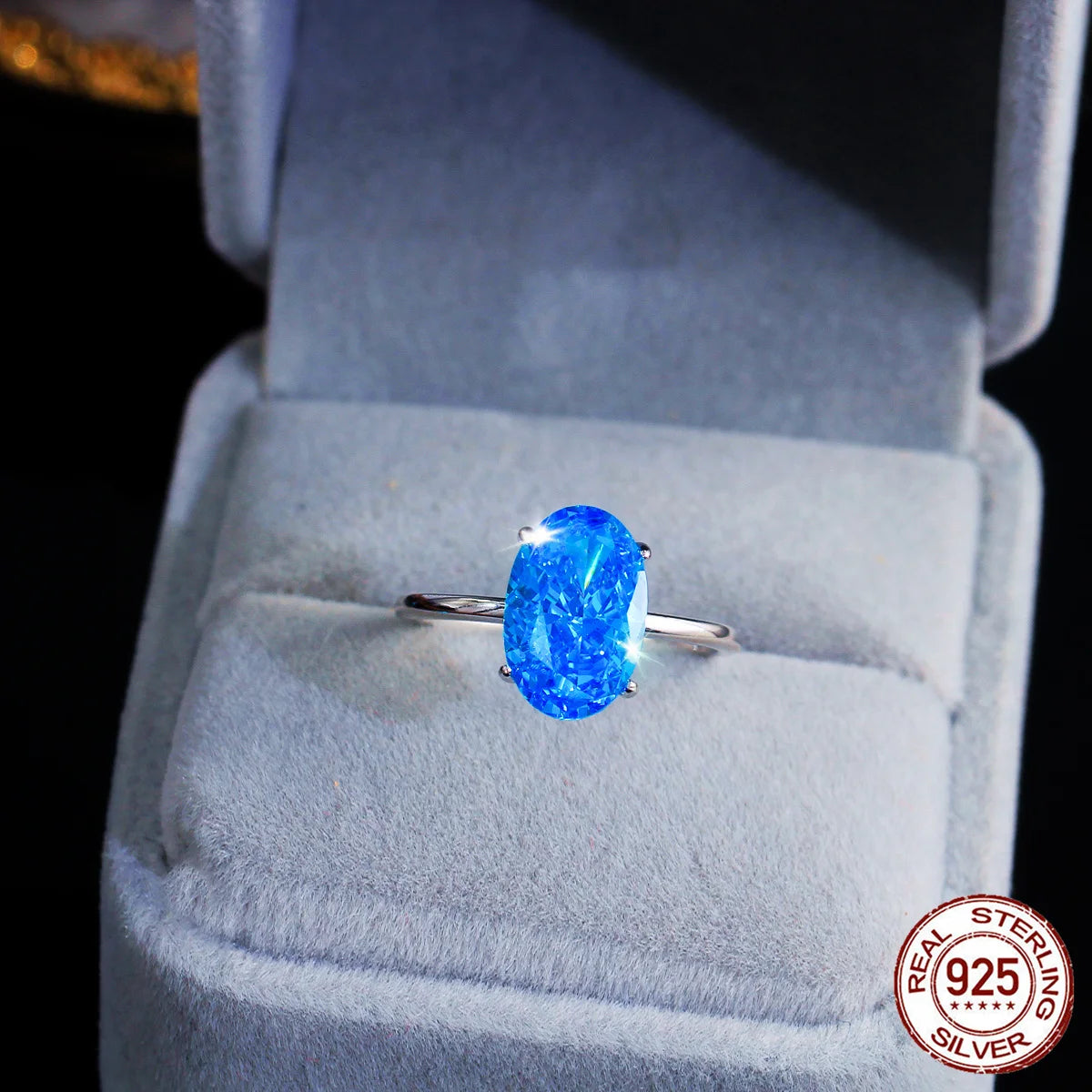 S&S 925 Sterling Silver Blue Oval-Cut CZ Cocktail Ring – Rhodium Plated – Collection