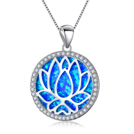 European American Fashion Opal Lotus Pendant Necklace Summer Floral Jewelry Statement Chain