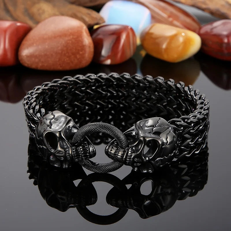 KALEN 235mm Punk Mens Stainless Steel Skull Herringbone Chain Link Bracelets