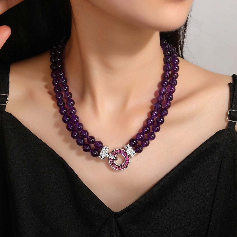 MUSHAN Jewelry Factory Natural Amethyst Necklace With High End Feel S925 Silver Gold Plated High Carbon Diamond 8mm Jewelry