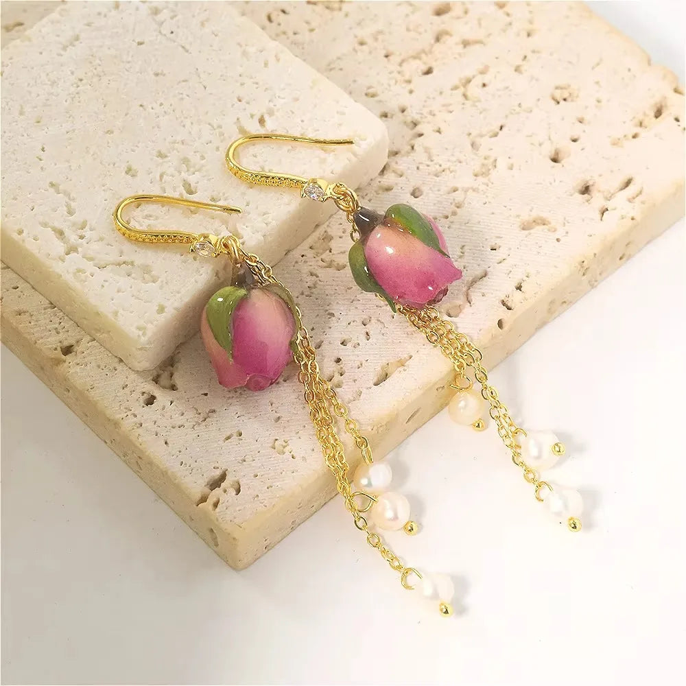 Natural Freshwater Pearl Drop Gel Flower Earrings Korean Style Women Luxury Jewelry Fashion Ladies and Girls Gift GE1521