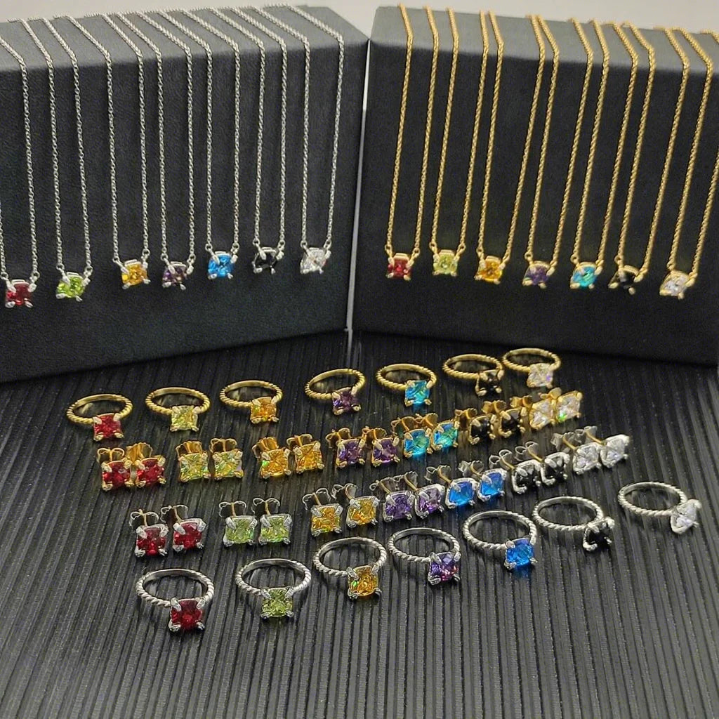 Gemfiori DY High-Quality Silver-Plated 8mm Four-Prong Diamond Earrings. Gold-Plated 8mm Colored Gemstone Earrings. Jewelry.