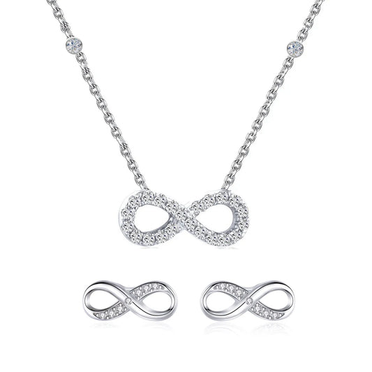 Pretty Endless Symbols Shaped Necklace and Earrings Cubic Zircon CZ Real S925 Sterling Silver Jewelry Set for Women Girl Gifts