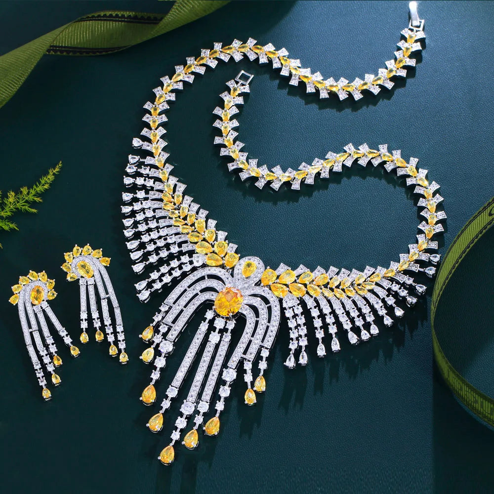 Luxury 5A Pear-Cut Yellow Zirconia Bohemian Necklace & Earrings Bridal Set — Rhodium Plated