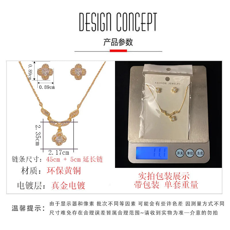 Top Quality Fashion Exquisite Flower Necklace and Earrings Set with Zircon Luxury Real Gold Plated Jewelry Set for Women