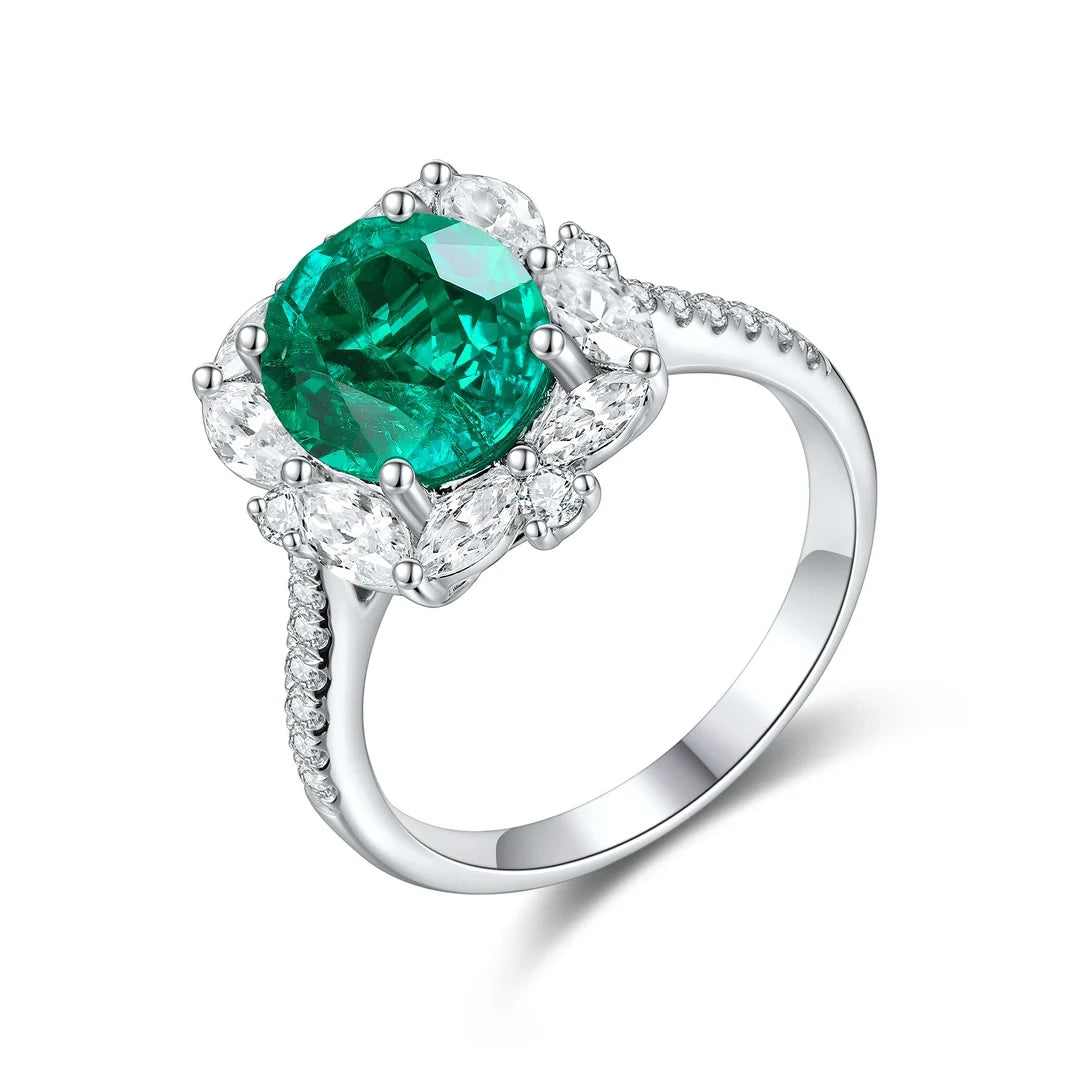 Gemfiori S925 Sterling Silver Ring for Women Colored Ice Flower Cut Oval Snowflake Red Lab Grown Ruby Ring