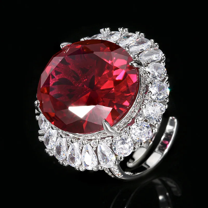 Gemfiori Elegant Oval Red Blue Zircon Pendant Necklace Adjustable Ring Cubic Zircon Jewelry Set