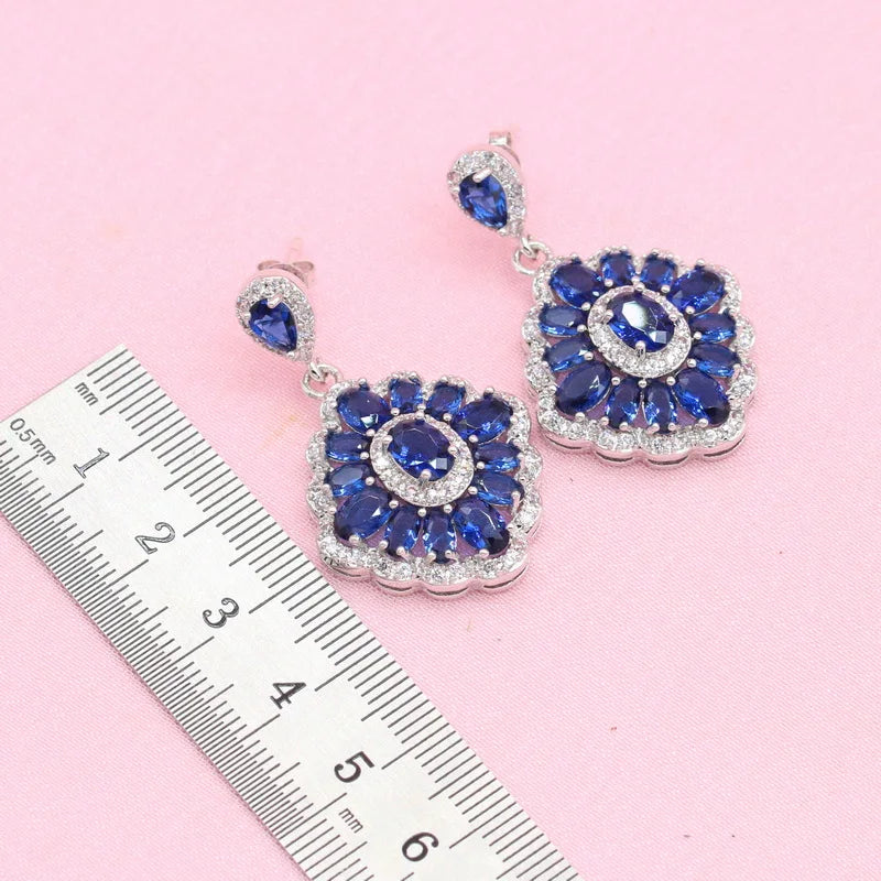 XOTICA New Design Royal Blue Zircon Stone Necklace Set Silver Color Wedding Jewelry Earrings Ring Bracelet Gift Box for Party Occasions