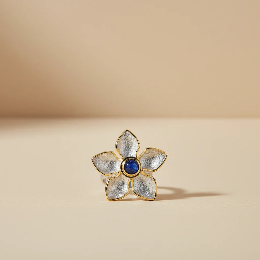 Nature Blue Glass Handmade 925 Sterling Silver Ring Jewelry with Gold Plated