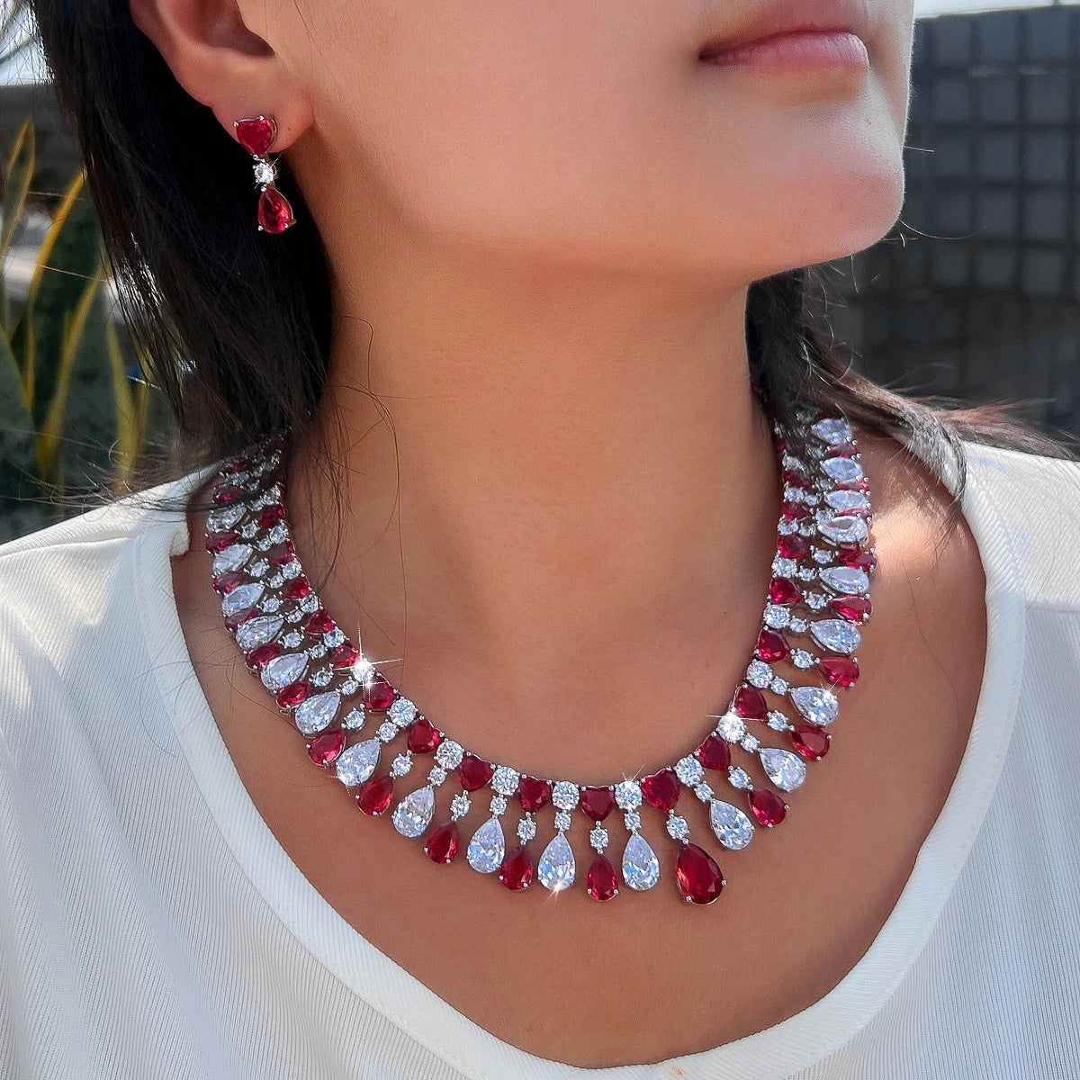 Charming Cubic Zirconia Jewelry Set Rhodium Plated Red CZ Heart Drop Dangle Necklace Earrings Jewelry Set for Brides Wedding