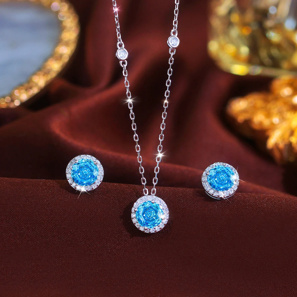 Exquisite Rose Flower CZ Light Blue 925 Sterling Silver Necklace and Earring Round Pendant Jewelry Set for Women Party Gift