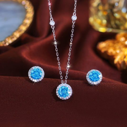 Exquisite Rose Flower CZ Light Blue 925 Sterling Silver Necklace and Earring Round Pendant Jewelry Set for Women Party Gift