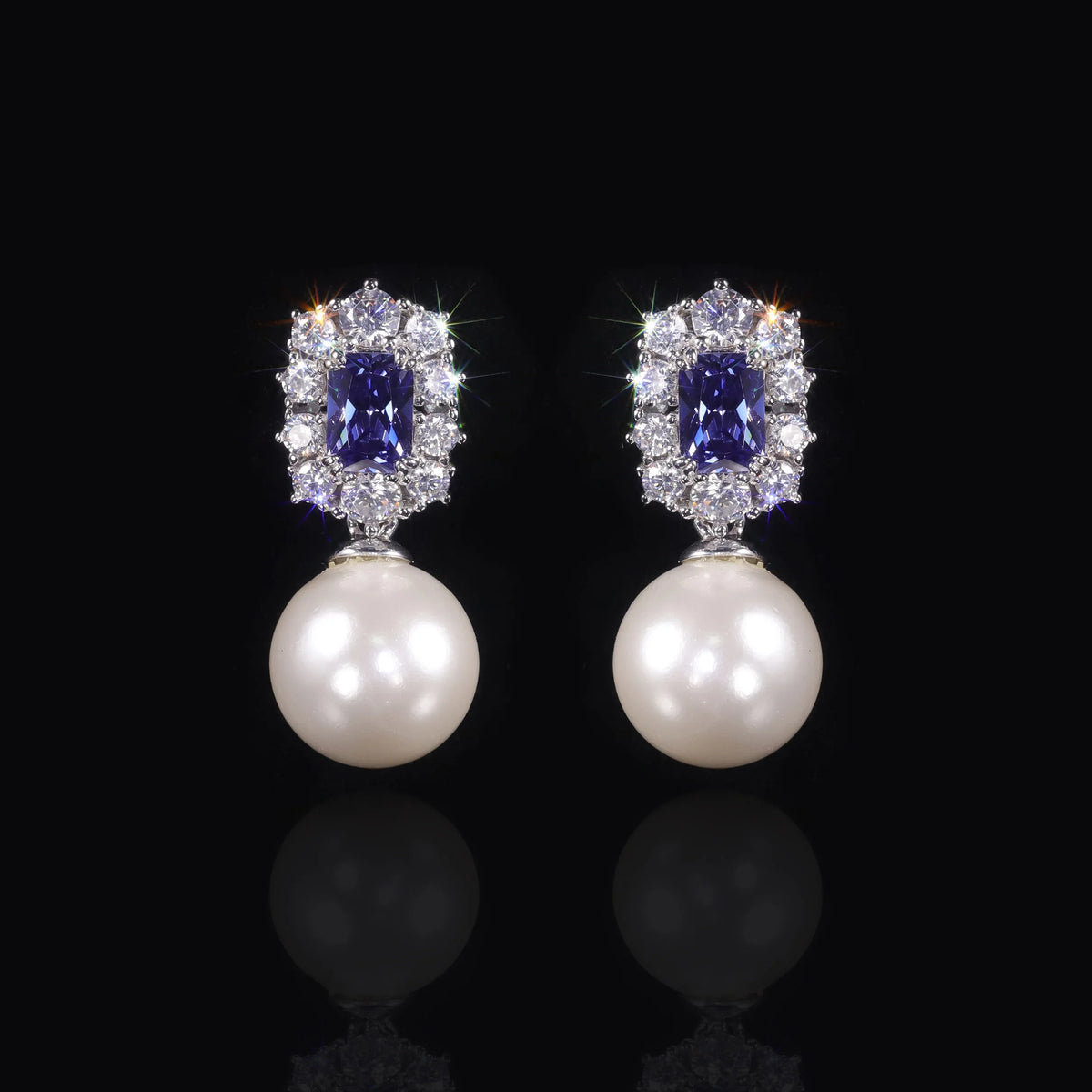 Gemfiori AE250 Abiding Luxury Tanzanite Blue Cubic Zirconia Cz Halo & Round 12MM Imitation Pearl S925 Silver Elegant Drop Stud Earrings
