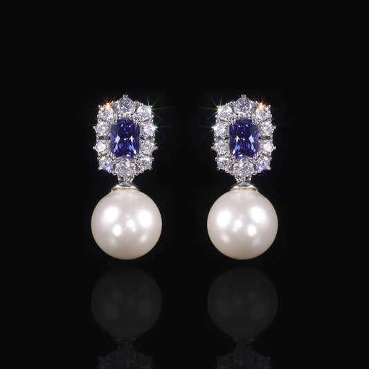 Gemfiori AE250 Abiding Luxury Tanzanite Blue Cubic Zirconia Cz Halo & Round 12MM Imitation Pearl S925 Silver Elegant Drop Stud Earrings