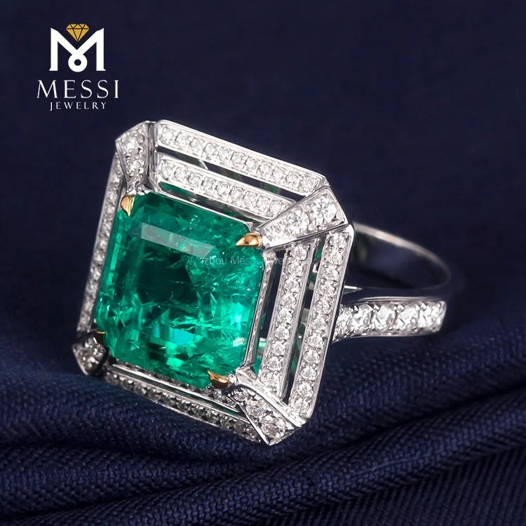 Gemfiori Messi Jewelry MSR-251 Luxury Design Emerald Ring for Woman 14k 18k Gold Wedding Engagement Ring Double halo Moissanite Ring