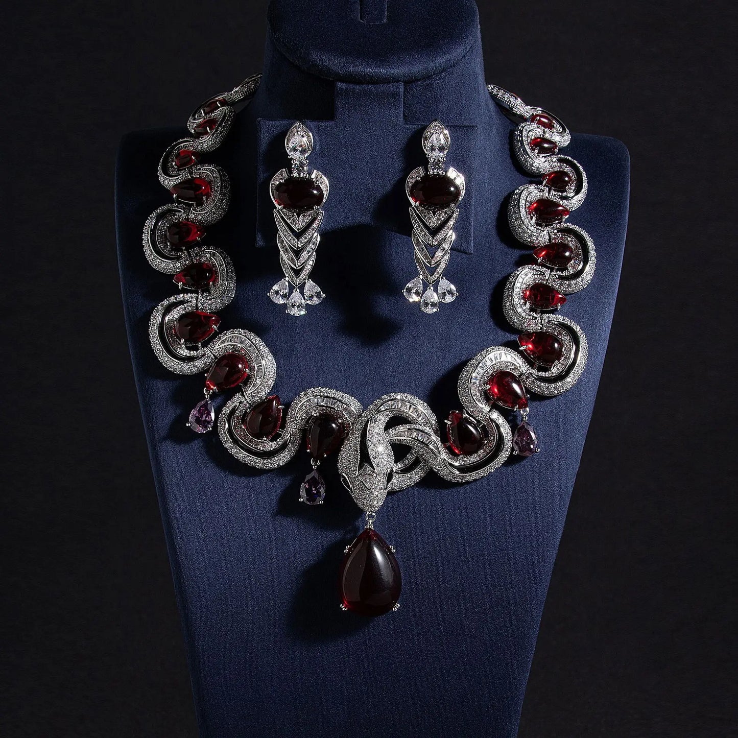 High Quality Luxury Jewelry Sets Elegant Rhodium Plated Ruby Red Cubic Zirconia Necklace Earring Sets for Wedding Party