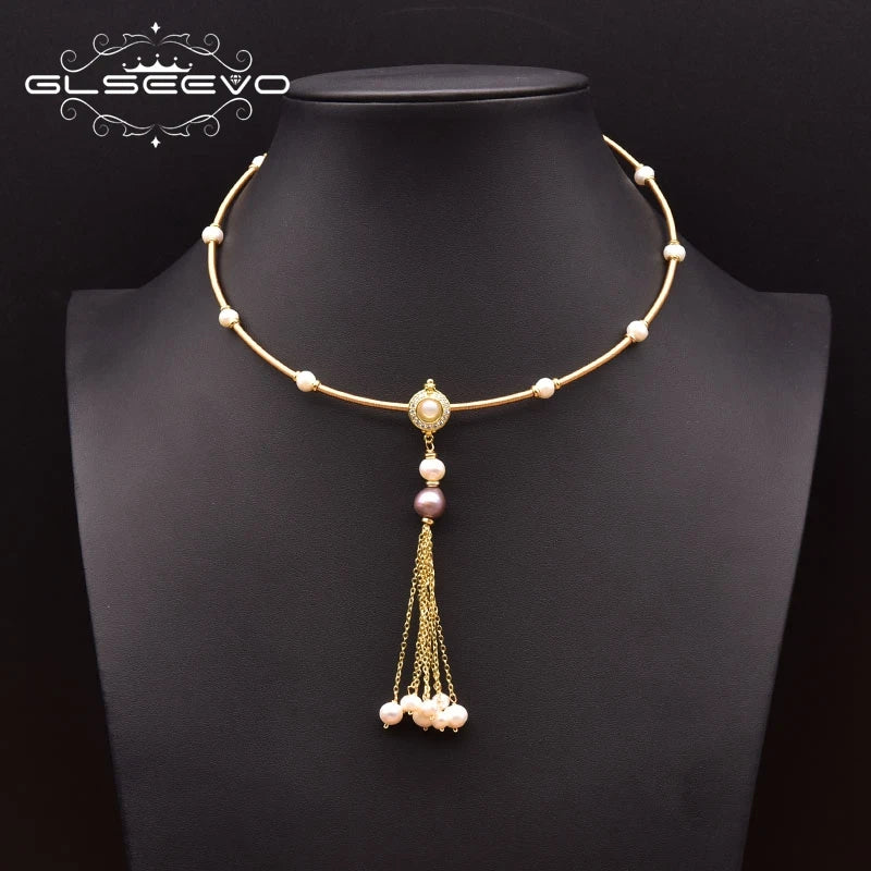 Natural Freshwater Pink Baroque Pearl Necklace for Woman Handmade Tassel Pendant Chain Style Vintage Jewelry Wholesale