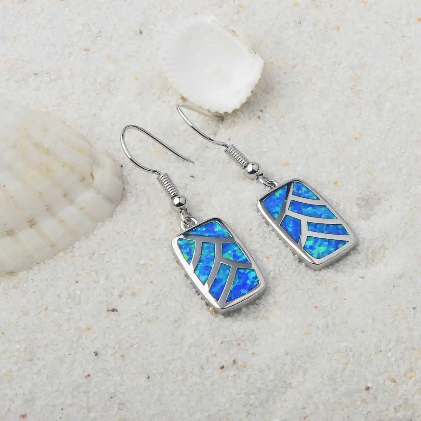 Leaf-Pattern Opal Drop Earrings - Blue Fire Opal Inlaid Rectangular Frame Design | Nature-Chic Daily Jewelry Bulk Gifts
