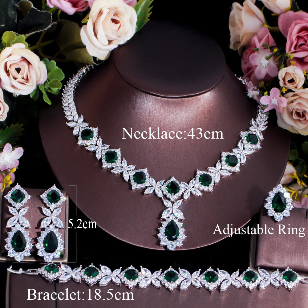 4 Pcs Flower Drop Emerald Green Big Cubic Zircon Dubai Women Party Costume Jewelry Sets for Brides Wedding Luxury