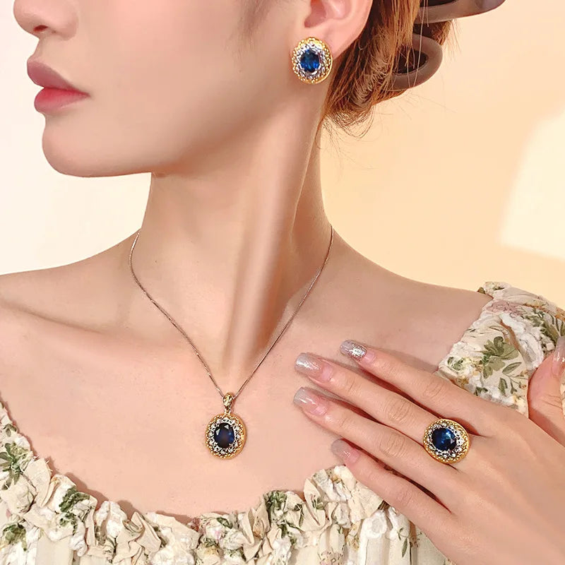 REDheart Brass Inlaid Zircon Plated Two-Color Movable Opening Ring Simulation Blue Pointed Crystal Flower Shape Pendant Necklace Trendy