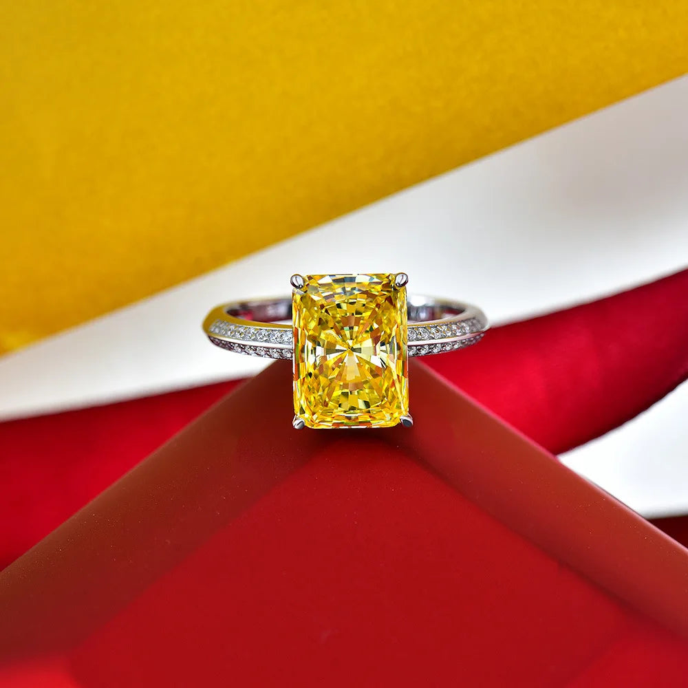 MuShan Jewelry Factory 925 Sterling Silver HighCarbon Diamond Ring for Women 9.5Carat Light Luxury Rectangular 9*12 Light Yellow