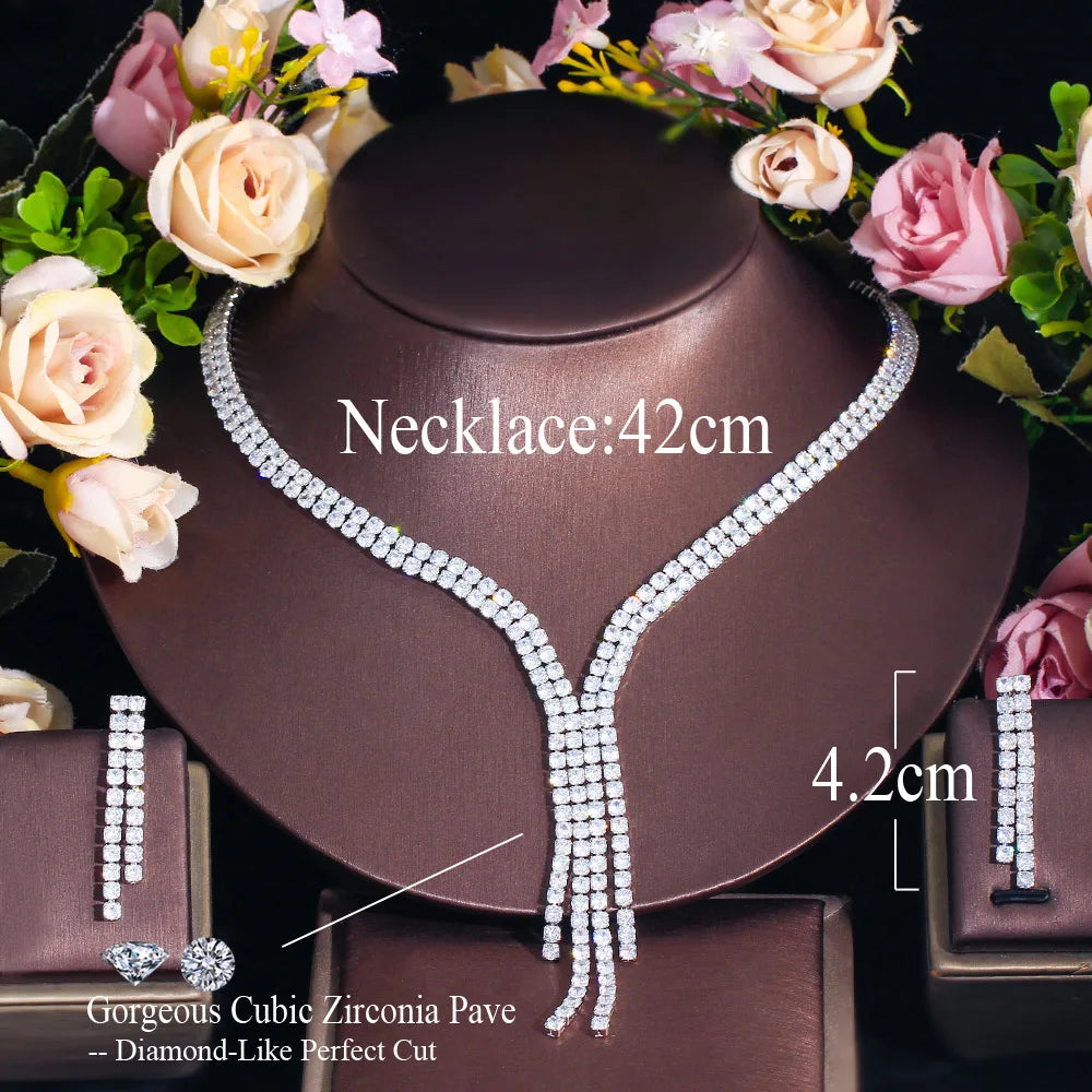 Shiny Round Cubic Zirconia Elegant Long Dangling Drop Tassel Wedding Costume Necklace Brides Jewelry Sets for Women