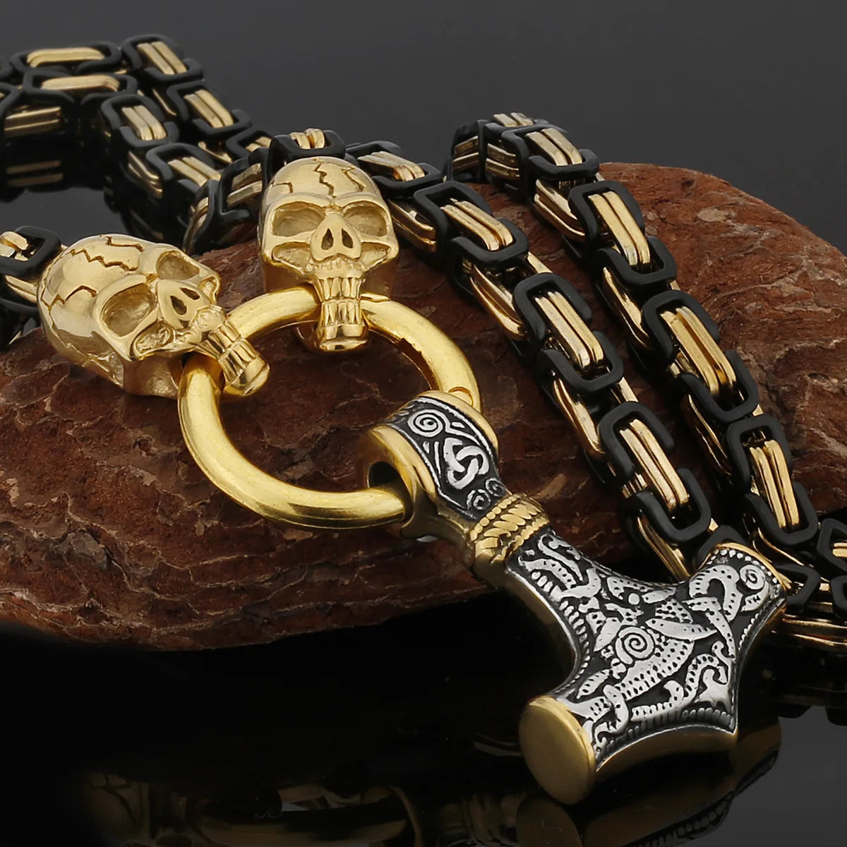 Wholesale Men's Stainless Steel Punk Pendant Necklace Gold Plated Thor Hammer Mjolnir for Mens Jewelry