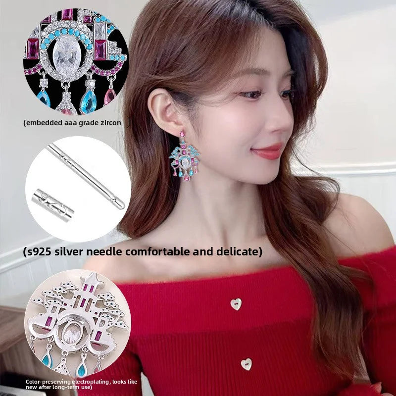Elegant Retro Palace Tassel Earrings New Chinese Pavilion Tower Design Full Inlay Color Zircon Luxury Earrings