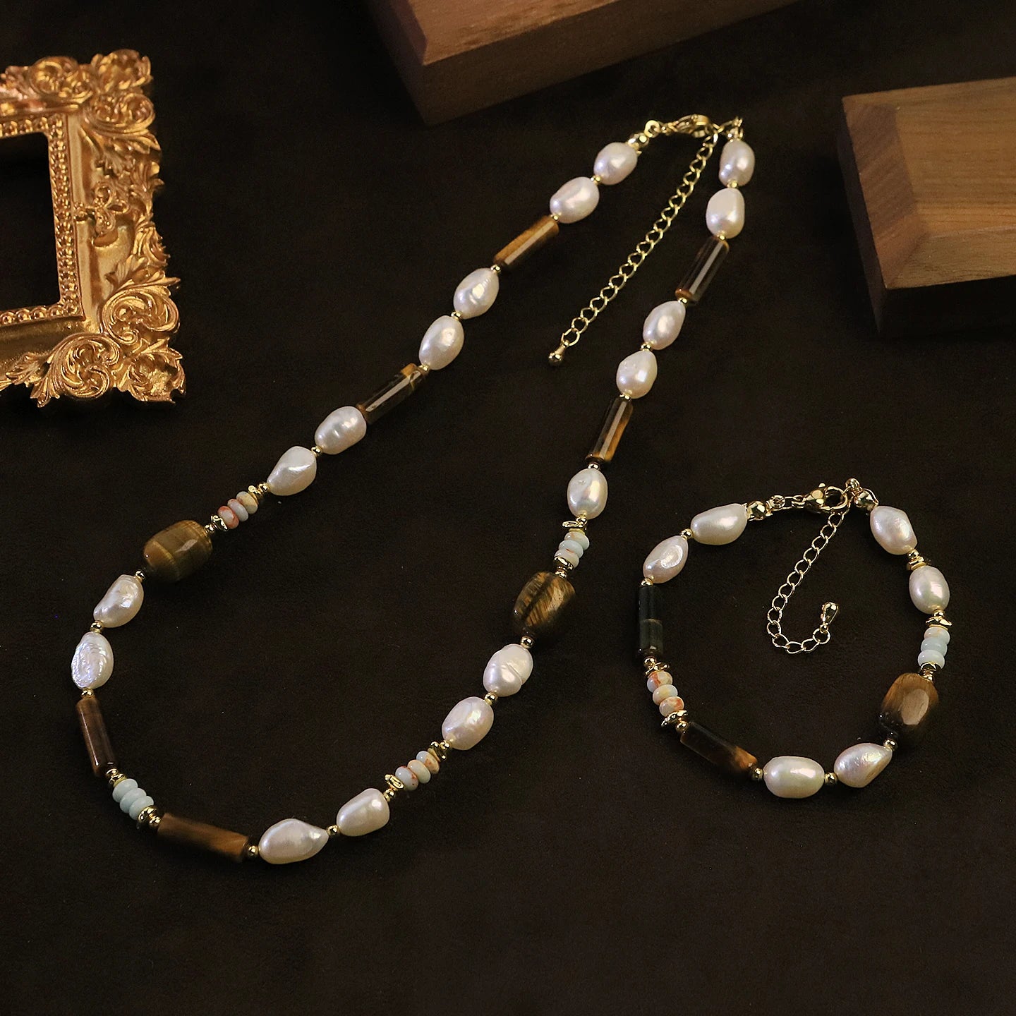 GLSEEVO Natural Pearl, Tiger Eye & Shoushan Stone Necklace & Bracelet Set — Vintage Style | White