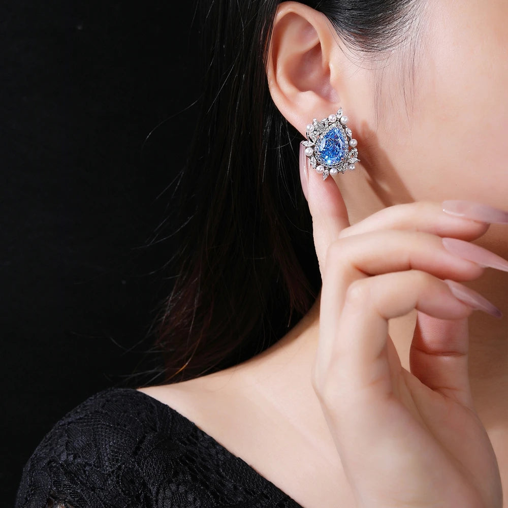 MUSHAN Jewelry Factory 925 Sterling Silver Stud Earrings Luxury HCD Aquamarine Synthetic Sapphire Ear Pin Earrings Stud Jewelry