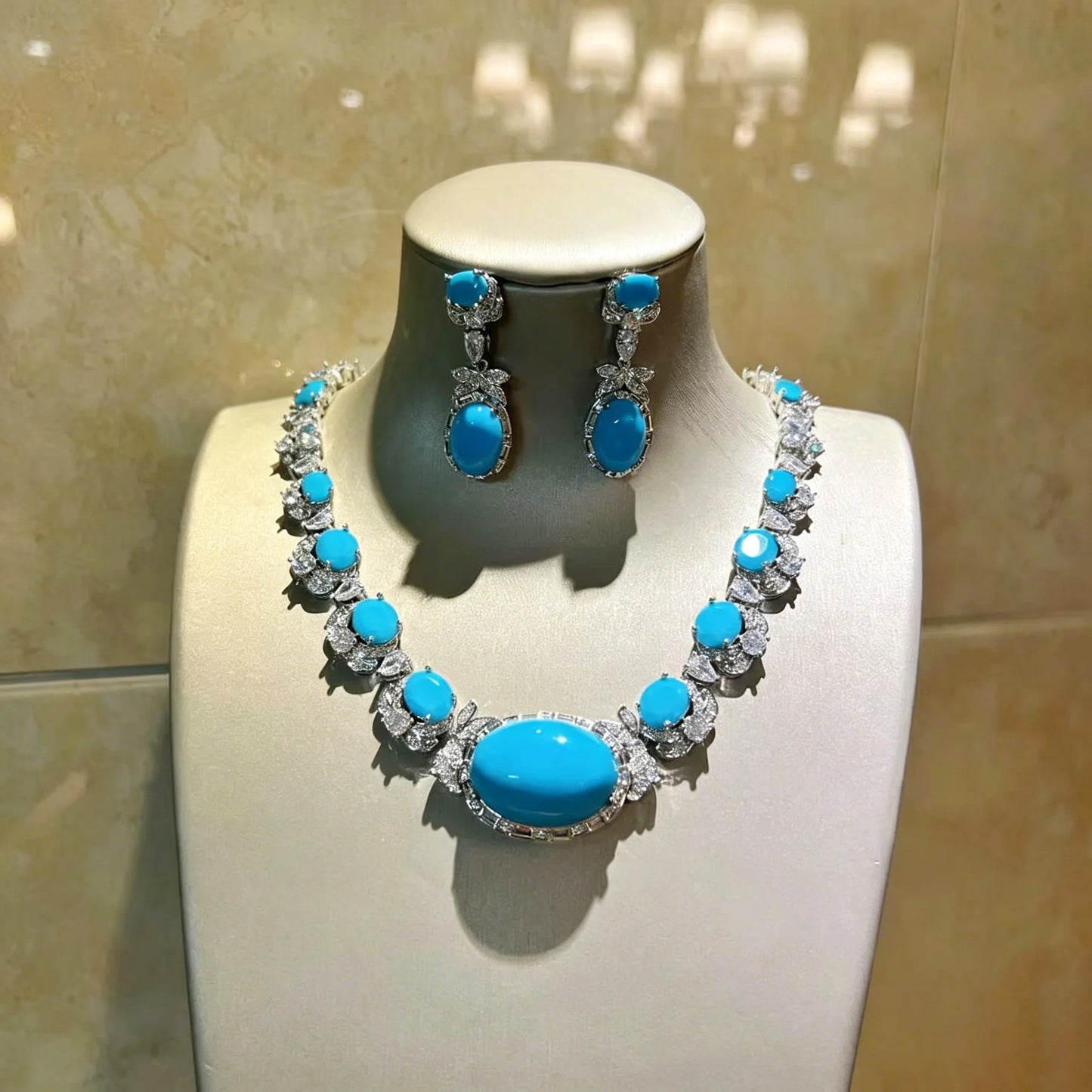XM S410 Silver Plated Marquise Cut Zircon Oval Turquoise Halo Crystal Choker Necklace & Teardrop Drop Earrings Set