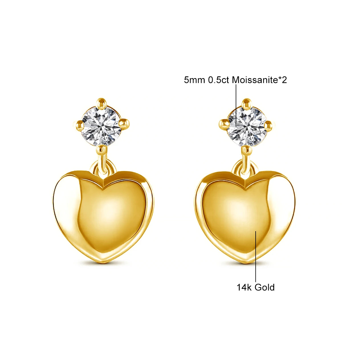 Gioiellieri Fine Jewelry Manufacturer Woman Engagement 5mm 0.5ct Moissanite Hollow 14K Gold Earrings Simple Heart Cut Earrings