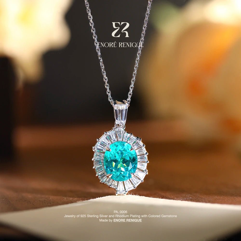 Royal Sky Blue Gemstone Halo Jewelry Set Rhodium Plated S925 Silver Lab Created Paraiba Tourmaline Wedding Party Statement Piece