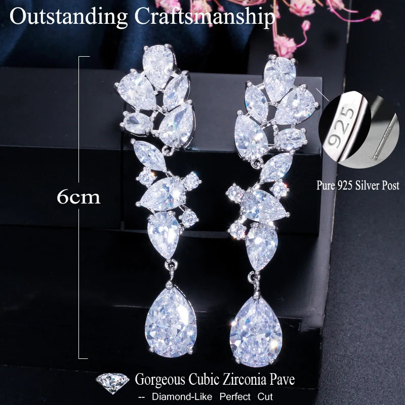 Designer Multicolor Green Red Yellow Cubic Zircon Leaf Flower Dangle Water Drop Long Earrings for Ladies Wedding Party Jewelry