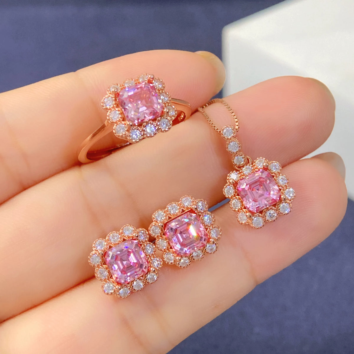 REDheart Sakura Pink Moissanite Jewelry Set 925 Sterling Silver Ring Pendant Earrings Bridal Wedding Gift for Women