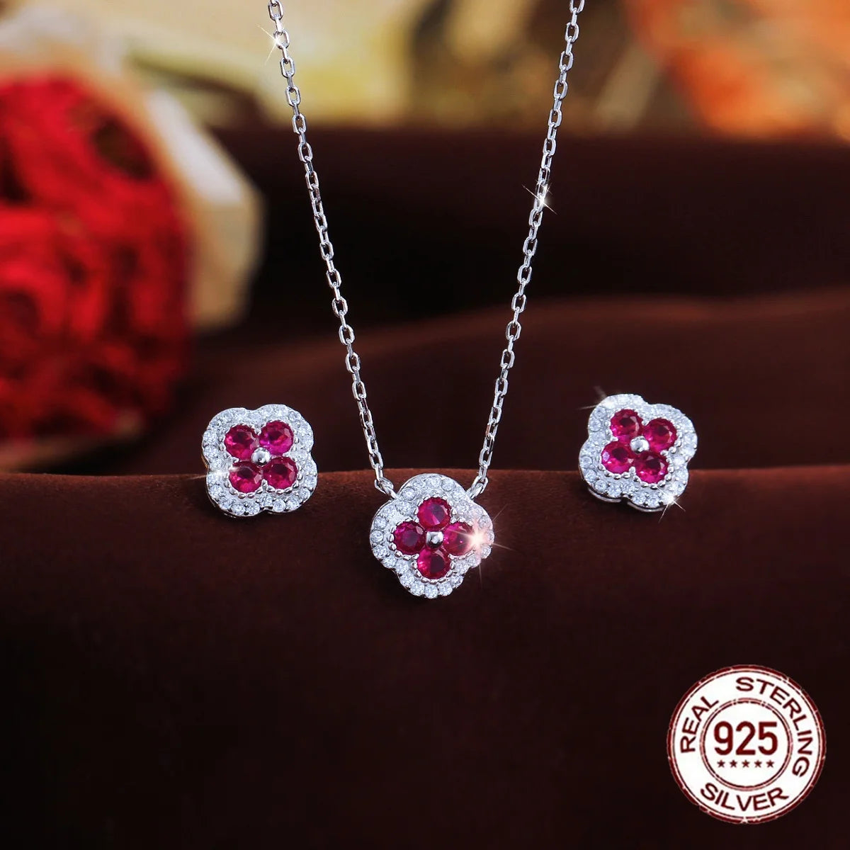 Fine Jewelry Blue CZ Cubic Zirconia  Necklace Earrings S925 Sterling Silver Four Leaf Clover Jewelry Set for Women Daily Wear
