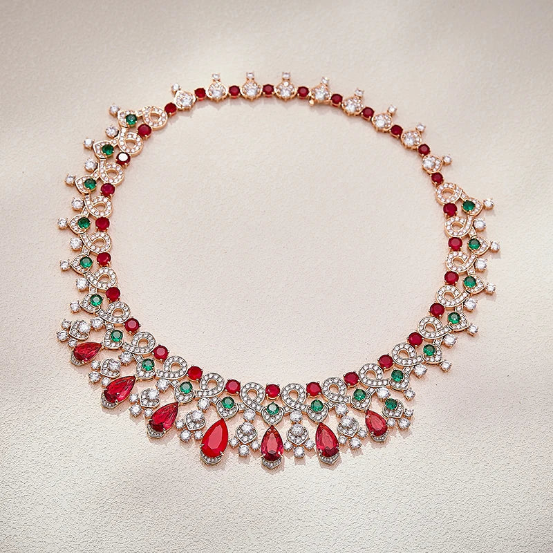 Luxury Palace Style Red and Green Gemstone Jewelry Set Rose Gold Necklace Earrings for Wholesale Bride Dinner Dress Accessories