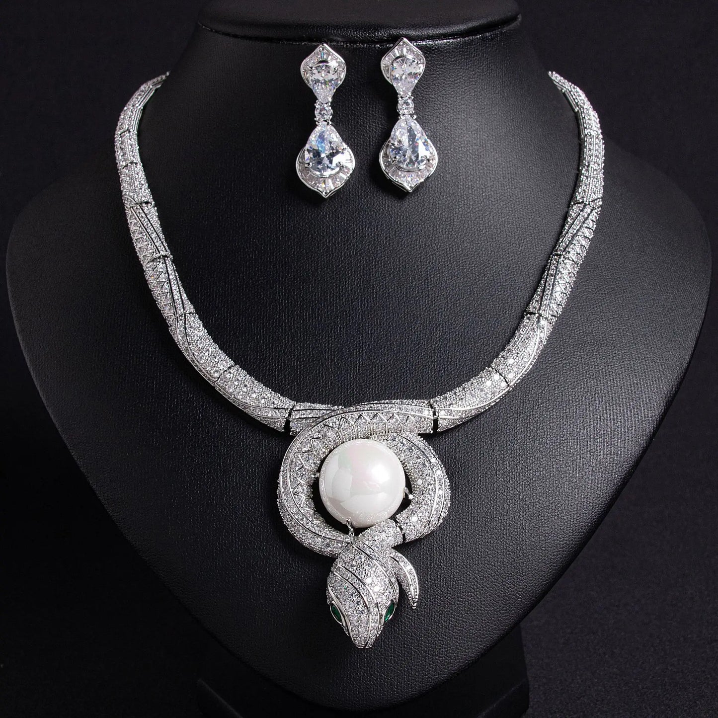 Luxury Snake Design Zircon Necklace & Earrings Jewellery Set — Purple, Red, Green & White Pearl