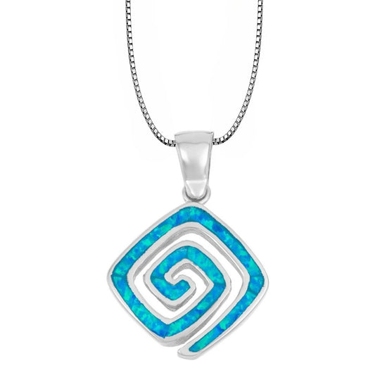 Square Spiral Pendant - Blue Opal Inlaid Silver Plated Artistic Jewelry for Women Wholesale