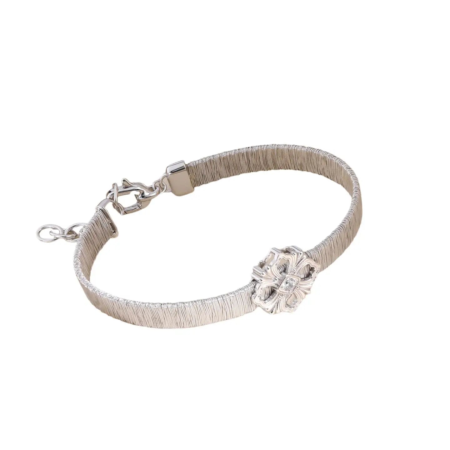 MuShan Jewelry Factory a Pure Silver and Gold Silk Wound Four-leaf Clover Bracelet for Women, Italian Weaving