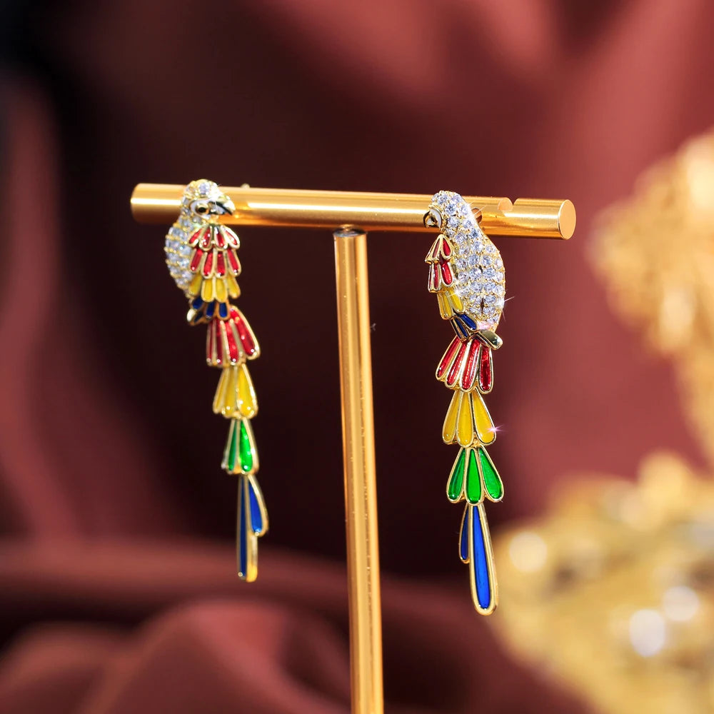 S&S Colourful CZ Feather Bird Dangle Drop Earrings – Gold Plated – Collection