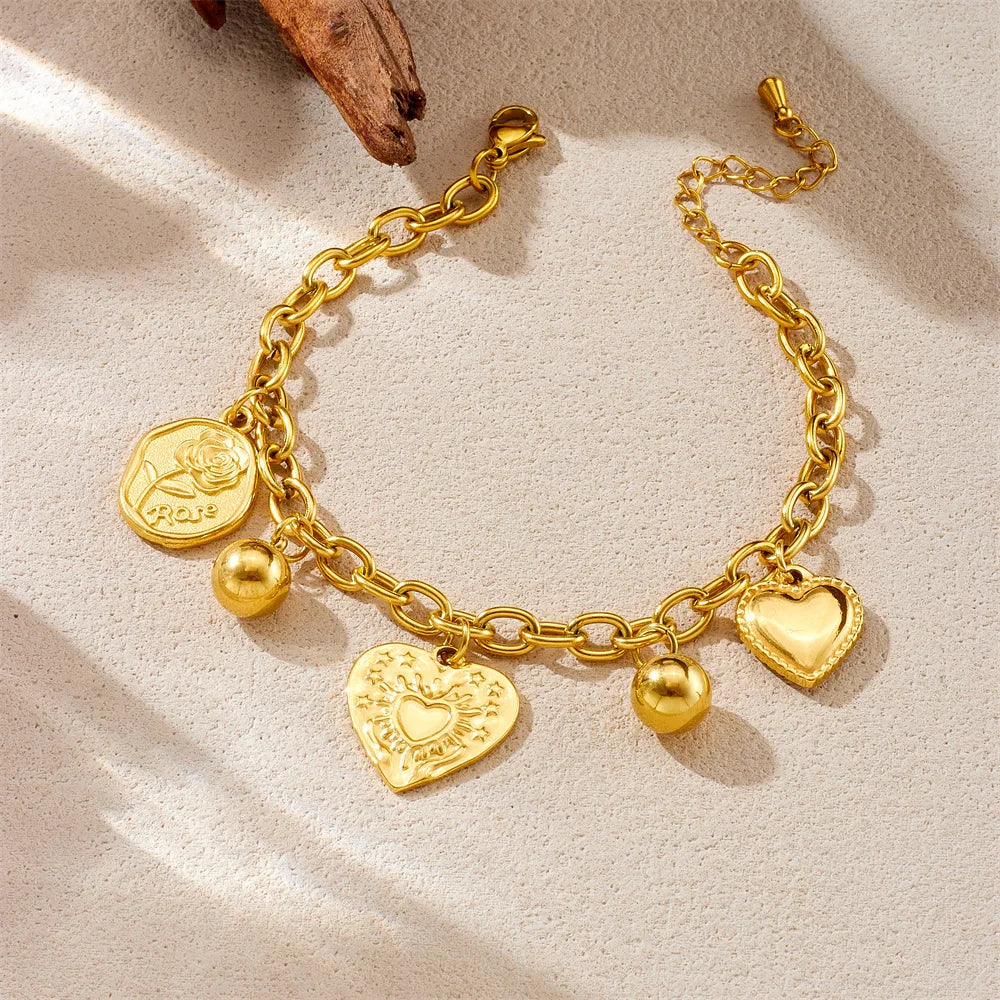 Hot Sell Fashion Stainless Steel Gold Heart Pendant Necklace and Bracelet Set Women Simple Jewelry Set