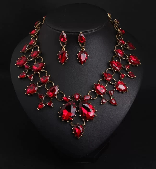XM S394 Gold Plated Marquise Topaz Sparkling Floral Necklace & Earrings Bridal Set