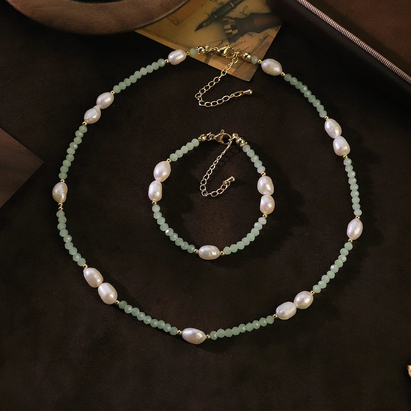GLSEEVO Natural Freshwater Baroque Pearl & Mint Crystal Beaded Necklace & Bracelet Set — Dainty Office Jewellery
