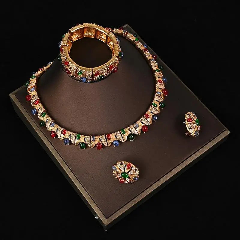 Medieval Retro Copper Inlaid Rhinestone Necklace Earrings Bracelet Fashion Light Luxury Elegant Jewelry Set