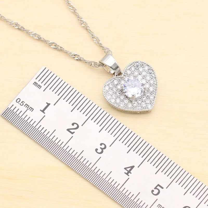 XOTICA Women's Silver Color Wedding Sets White Zirconia Heart-Shape Pendant Necklace Stud Earrings Rings for Parties Engagements