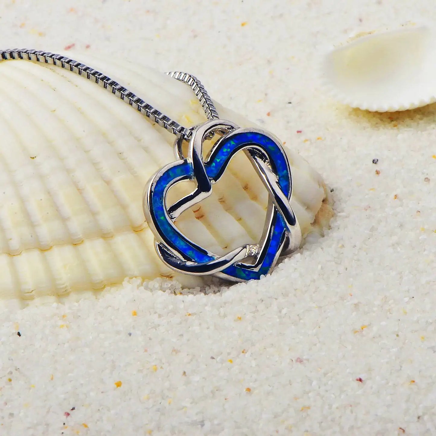 Eternal Intertwined Heart Copper Silver Plated Lariat Opal Pendant-Blue Fire Opal Inlaid Double Heart Design | Romantic Love
