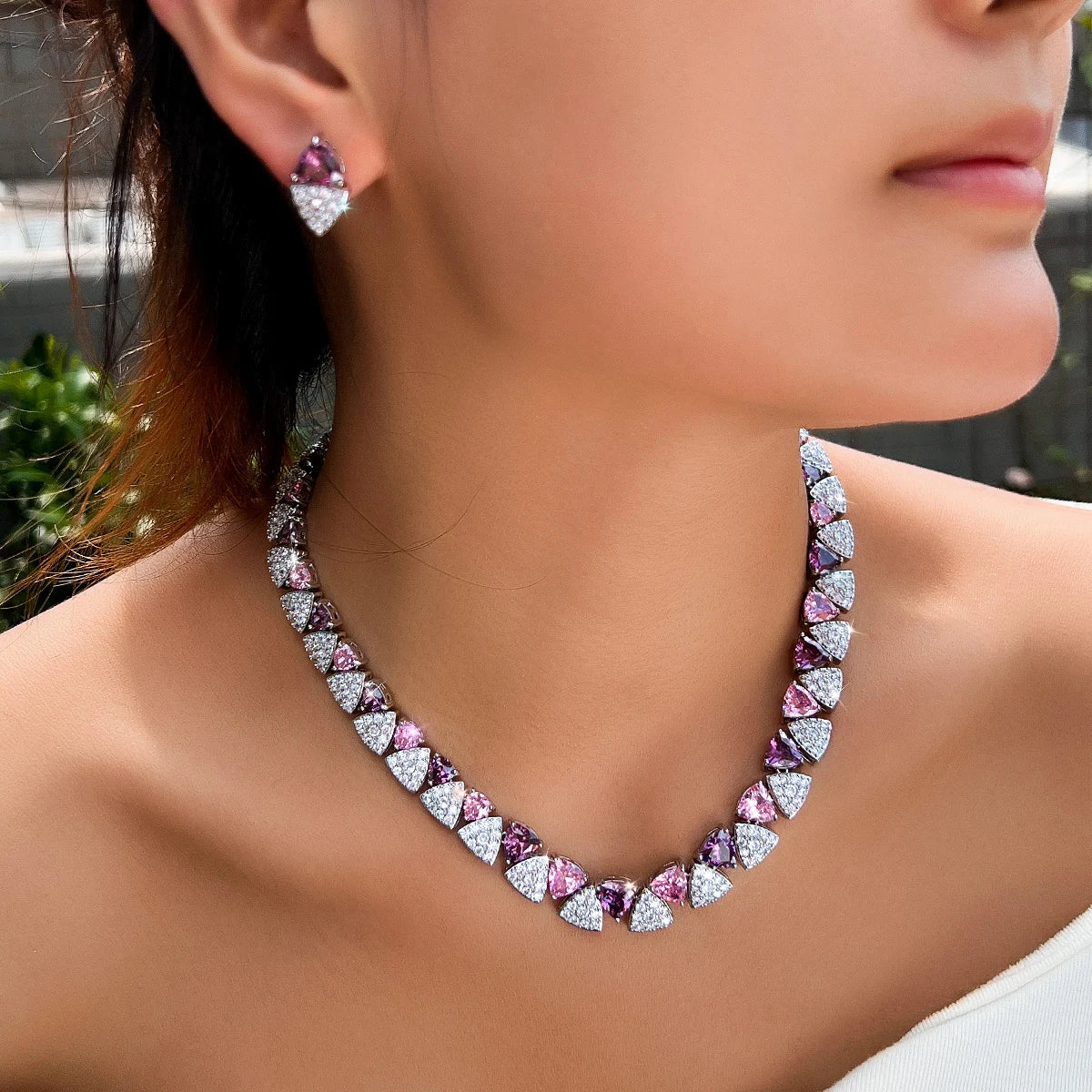 Geometric White Pink Purple Triangle Cubic Zircon Wedding Necklace Earrings 2Pcs Jewelry Set for Women Evening Party Accessory