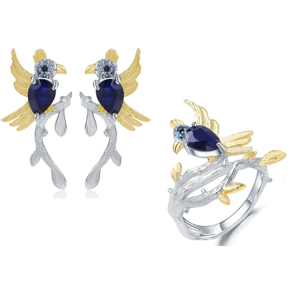 ArtistA C7771 Abiding Cute Natural Blue Sapphire Gemstone 925 Sterling Silver Animal Bird Ring Earrings Jewelry Set