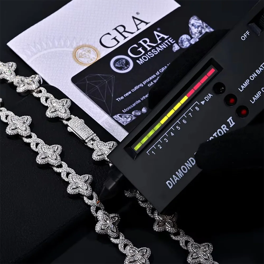 Custom Iced Out 16mm 925 Sterling Silver Moissanite Necklace GRA Hip Hop Pave Setting Infinity Clover Cuban Link Chain Jewelry